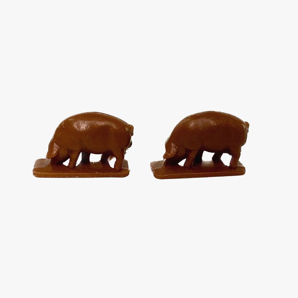 2 Vtg Miniature Brown Pig‎ Figures Hard Plastic Teeny Tiny .5" Farm Animal Toy